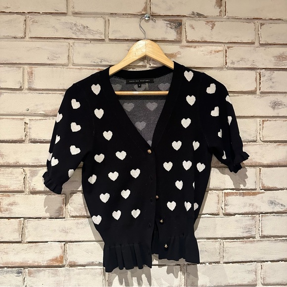 English Factory Black Whitr Heart Pattern Cardigan Sweater - Picture 1 of 3
